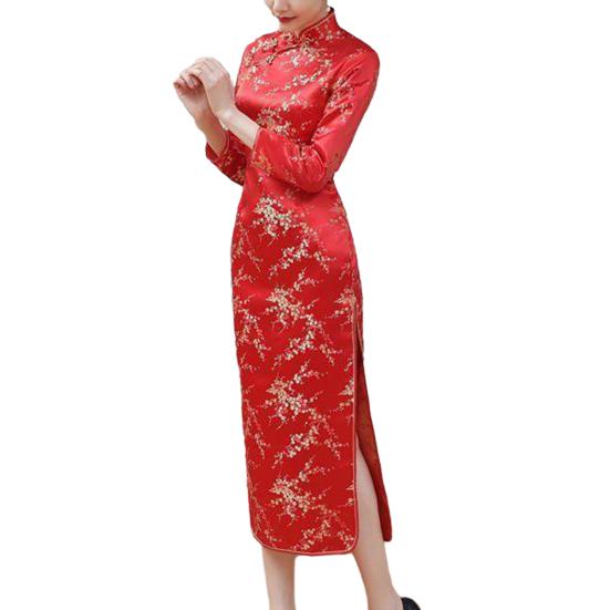 Женское классическое китайское платье в китайском стиле с винтажным цветочным принтом и воротником-стойкой с длинным рукавом и разрезом по щиколотку, платье макси Qipao Cheongsam