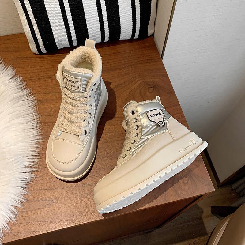 Зимние ботинки на толстой платформе для женщин, короткие ботинки с подкладкой из искусственного меха, кроссовки для ходьбы на шнуровке, женские нескользящие теплые ботильоны из искусственной кожи