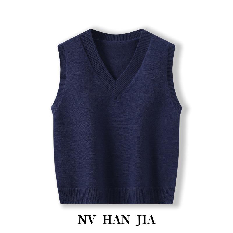 Брендовая скидка Жилет-топ без рукавов женский вязаный из чистой шерсти темно-синего цвета с V-образным вырезом – Универсальная осенне-зимняя верхняя одежда