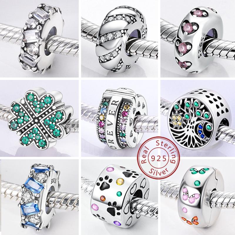 925 Silver Clip Charms with CZ Pave Round Beads Safety Chain Charm for Jewelry Making Fit Bracelet