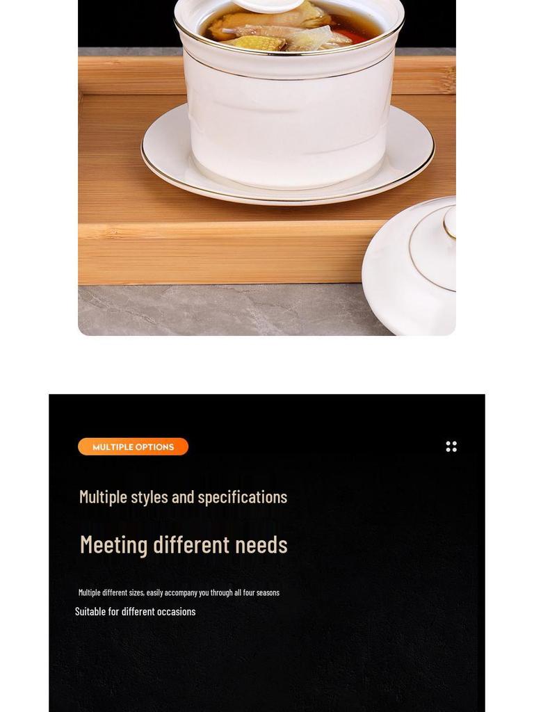 Белый керамический горшок для тушения с крышкой - Китайский суповой и пароварочный горшок в стиле Шасянь, с золотым ободком.