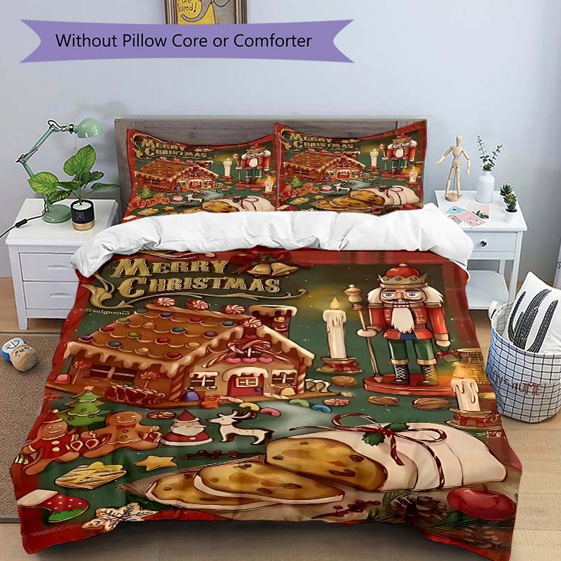 3pcs Christmas Gingerbread House Bedding Set with One Quilt Cover and Two Pillowcases (No Core) - Festive Decorative Duvet Cover Set for Bedroom and G