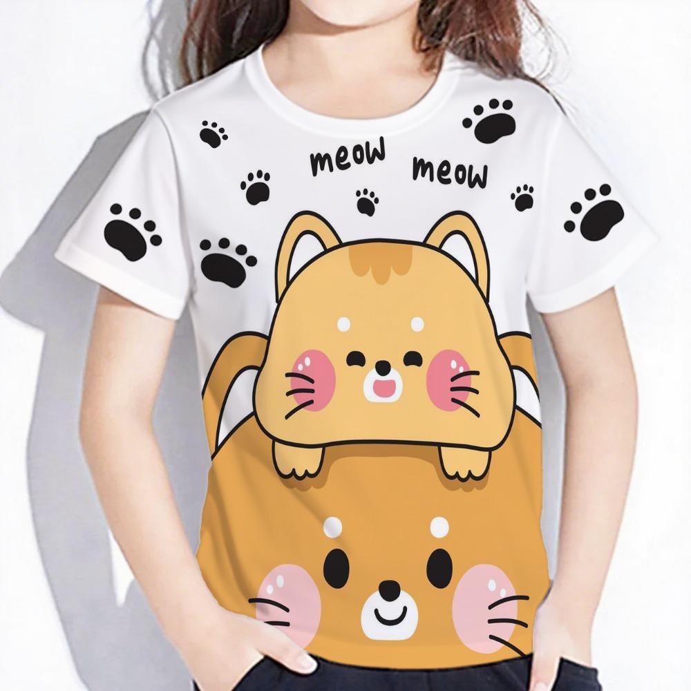 Летняя одежда для девочек, мультяшная милая футболка с графикой кошки, топы с коротким рукавом для девочек, повседневная детская одежда