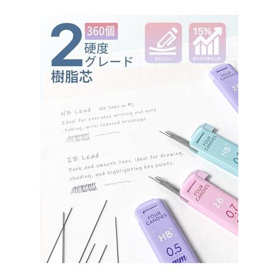 Набор механических карандашей Four Candies из 12 штук с запасными стержнями 0,5 и 0,7 мм HB и 2B, Милые карандаши, 720 запасных стержней, 3 пастельных ластика, 18 ластиков