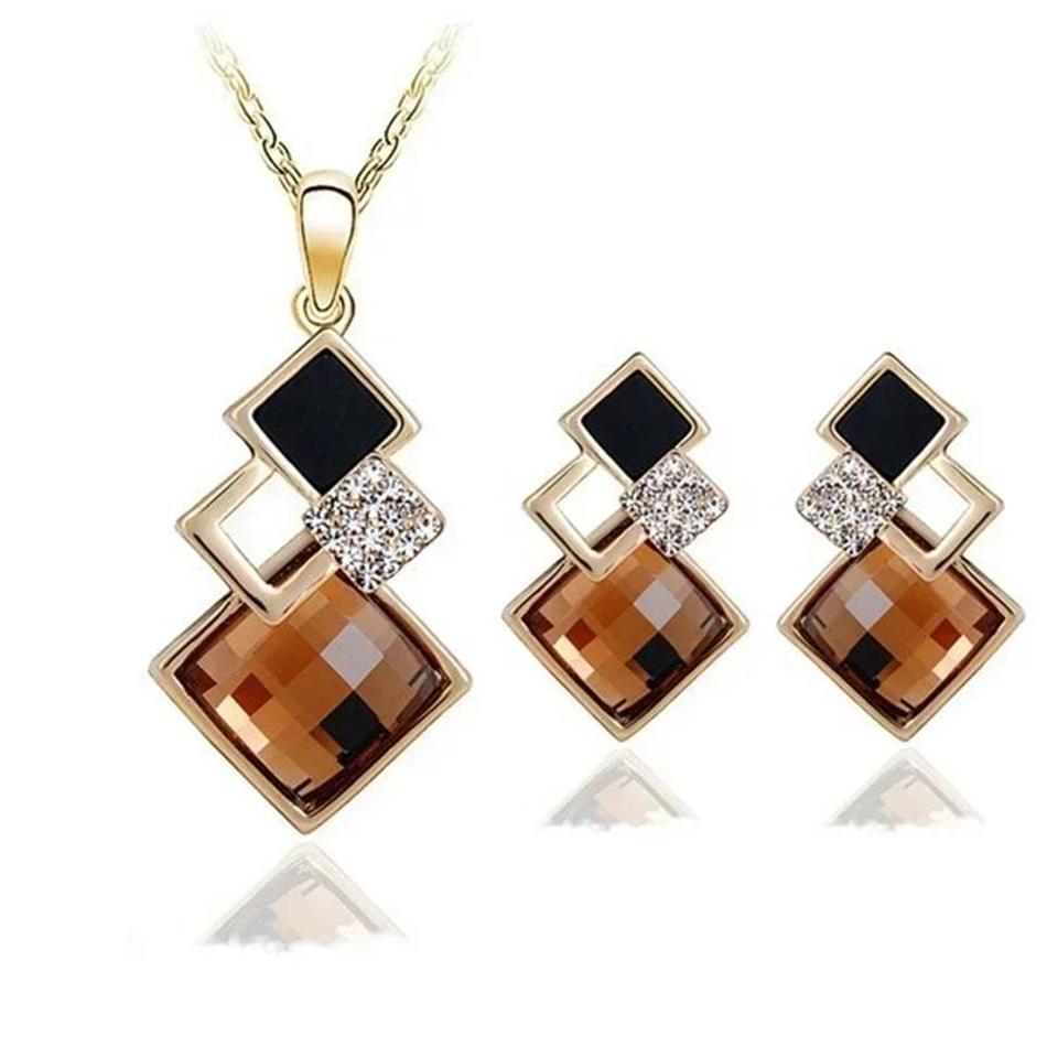 Square Diamond Inlaid Necklace Earrings Set Collarbone Chain Accessories Gifts Fashion Creative Decoration Korean Minimalist