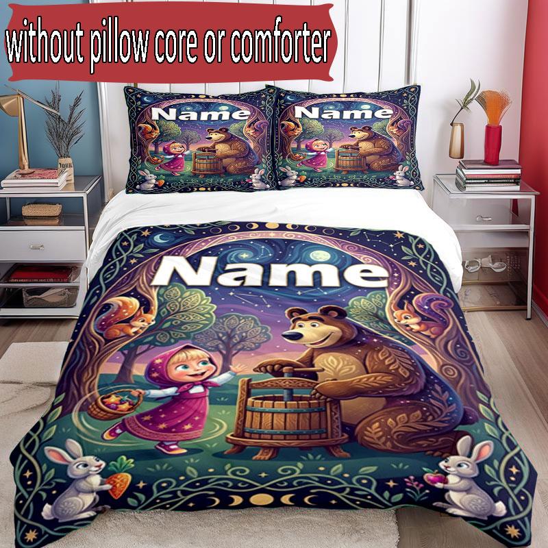 3pcs Duvet Cover Set (1*Duvet Cover + 2*Pillowcase, Without Core), Custom Name Masha and the Bear Pattern Bedding Set, Home Bedroom Decor Gift