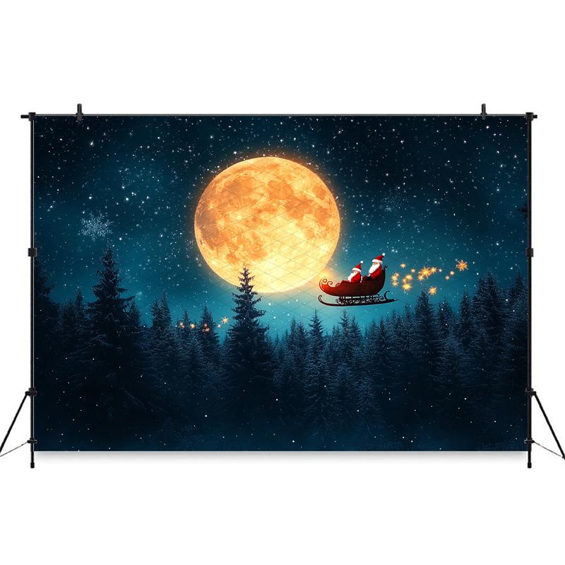 Mocsicka Christmas Photography Background Night Starry Sky Moon Forest Tree Decoration Santa Claus Children Party Photo Backdrop