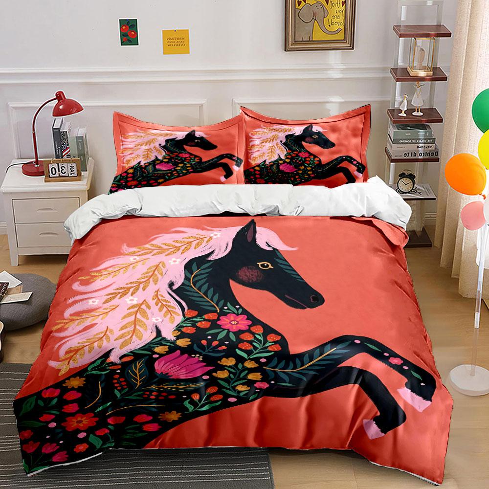 Black horse, floral accents. Bedding sets Duvet cover sets Duvet covers Pillowcases(1* Duvet Cover 2* Pillowcases without duvet insert)