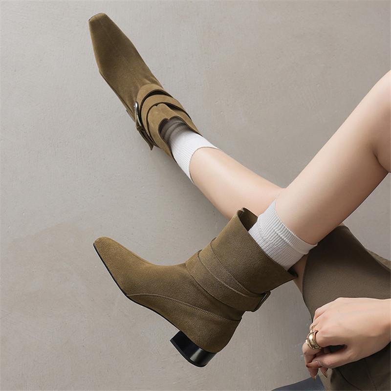 Fashion New Autumn/winter Cow Suede Women Boot Square Toe Shoes for Women Fashion Boots Low Heels Buckle Work Boots Western Boots