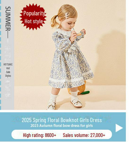 Юбка принцессы с длинными рукавами для девочек, весна 2025 г., с пасторальным узором в виде бабочек