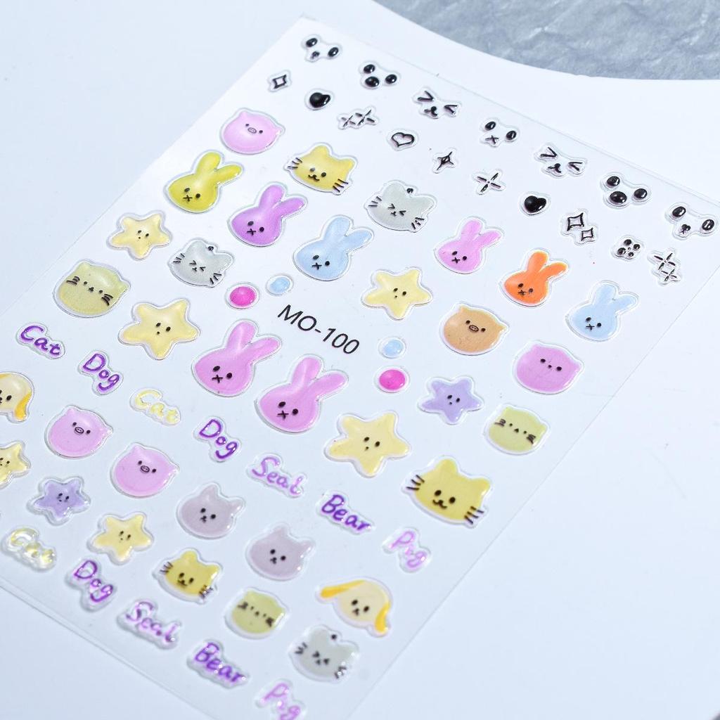 Vibrant Summer Cartoon Nail Stickers - Goofy Jelly Bear & Rabbit Embossed Decals