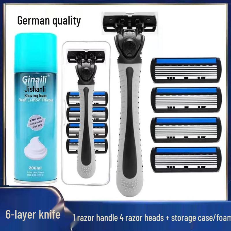 Men's Stainless Steel 6-Layer Blade Manual Razor: Old-Fashioned Beard and Face Shaver