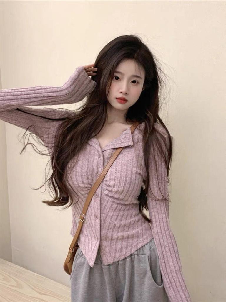 American Gentle Women's Knitted Sweater: Autumn Long-Sleeve Slimming Cardigan with Lapel Design