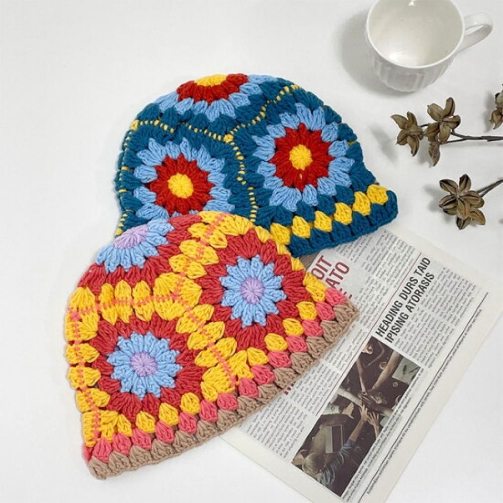 New Arrivals Open Run Ballure Hat Women Rainbow Flower Crochet Knit Bucket