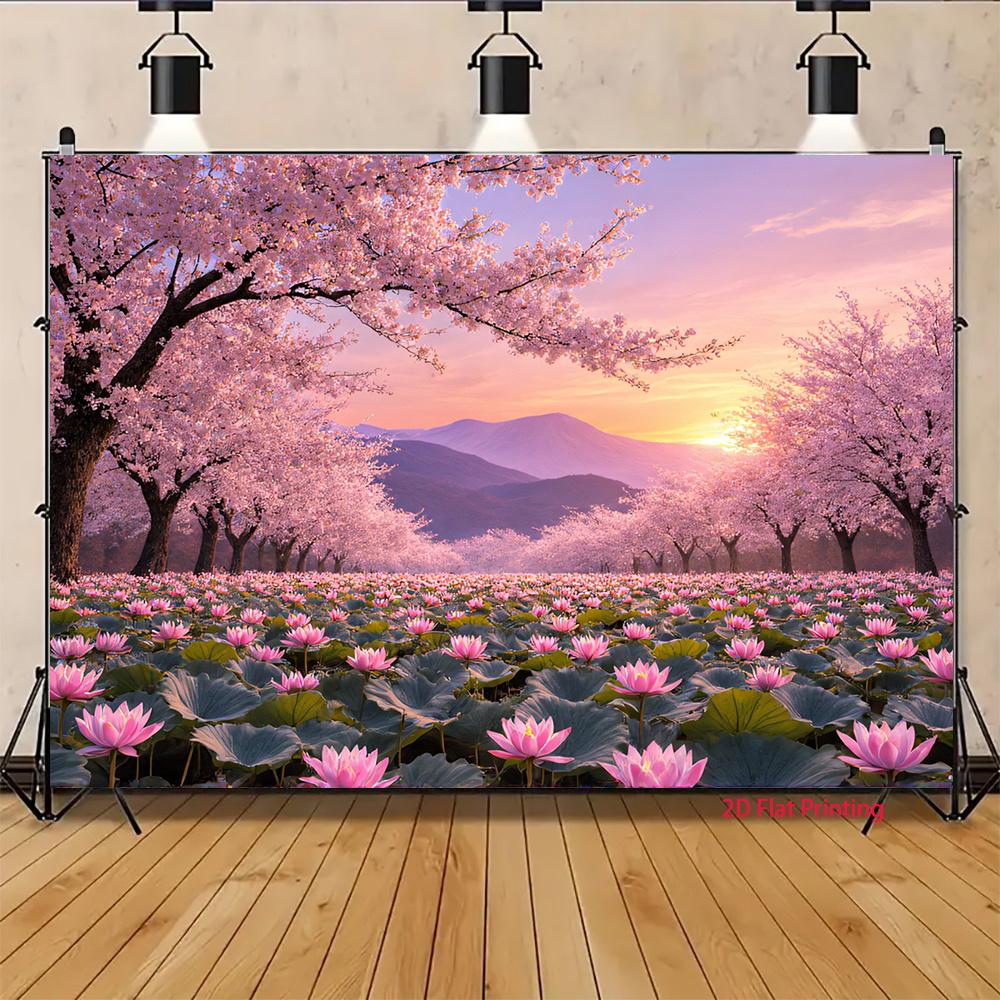 2D plane, 1 piece depicting a scene of cherry blossoms and sunset mountains, suitable for parties and birthday celebrations