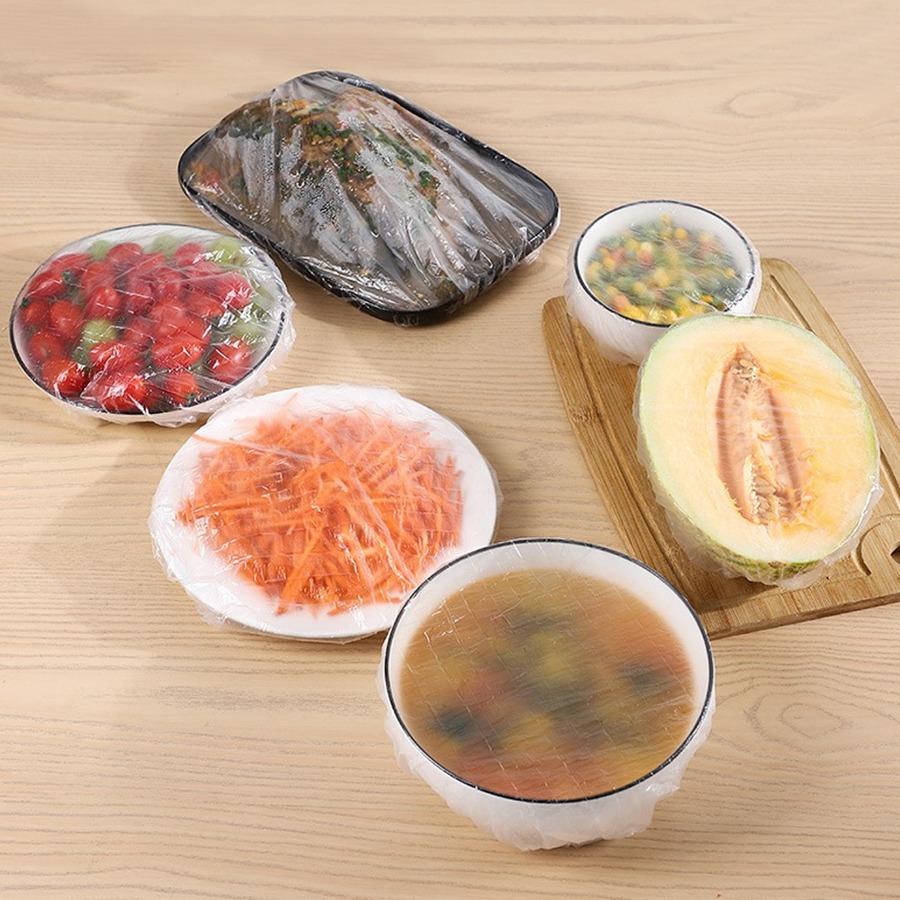100 шт., одноразовая пленка для пищевых продуктов, эластичные пакеты для хранения фруктов и еды, кухонный органайзер, сумка для свежих блюд, растягивающиеся крышки