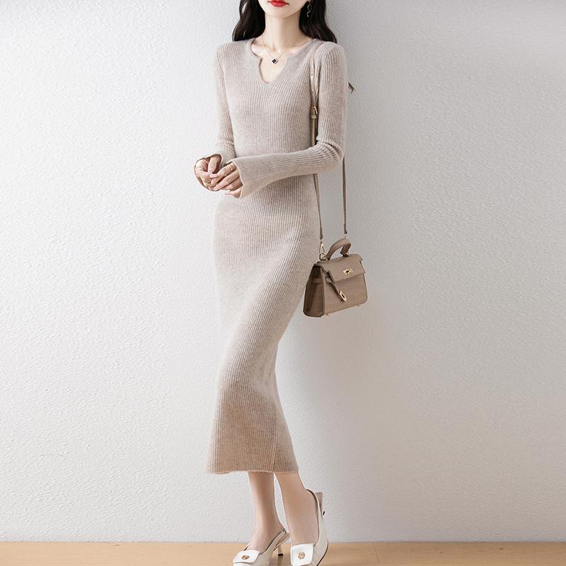 Женское платье-свитер 100% шерсть MODERN NEW SAGA V-образный вырез трикотажный длинный пуловер зимние джемперы шерстяное длинное платье женское