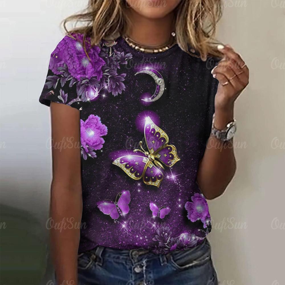 Женская футболка с принтом бабочки 3D, фиолетовая, с круглым вырезом, повседневная, женская, градиентная, топ Harajuku для девочек, с коротким рукавом, модная одежда