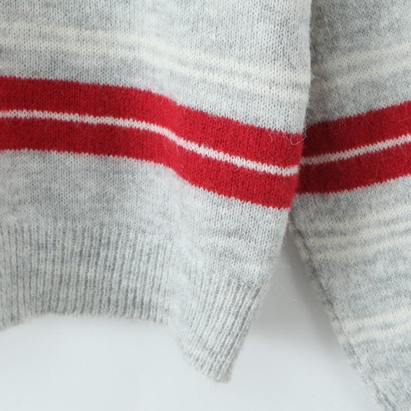 Womens Vintage Polo Neck Knit Sweater Loose Fit Striped Casual Top