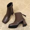 Fashion Square Ankle Boots Autumn Comfortable Soft Leather High Heel Boots Women's Fashion Zipper Simple Temperament Women's Shoes