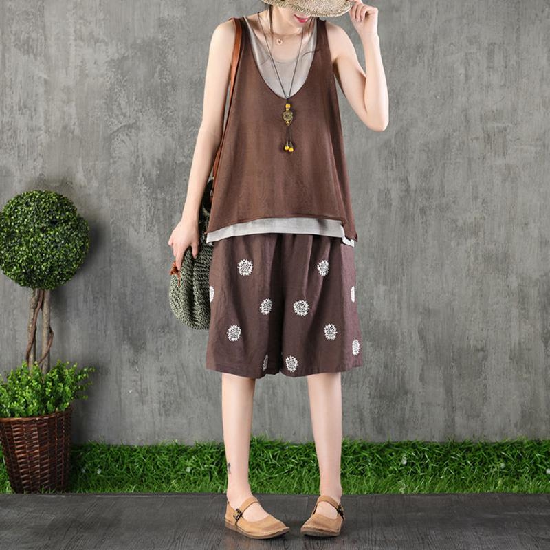 Винтажные брюки с вышивкой размера плюс пять четвертей, универсальные женские широкие шорты из хлопка и льна