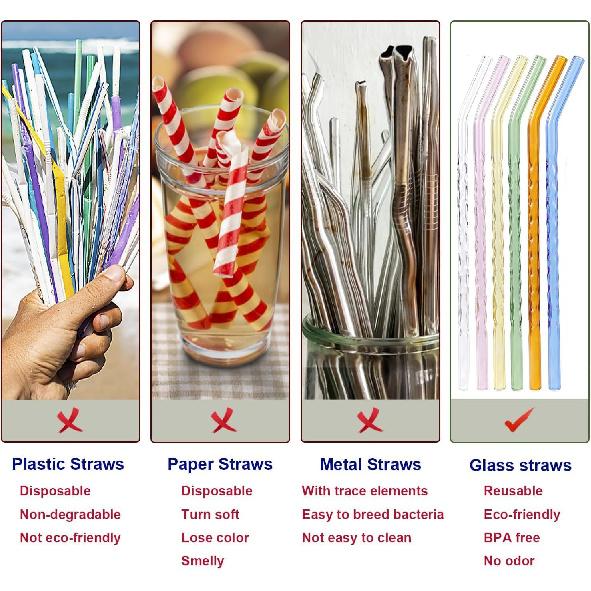 6-Pack Reble Glass Straws Set, Clear Glass Drinking Straw, Cute Colorful Straws with Cleaning Brush, 8''x8MM