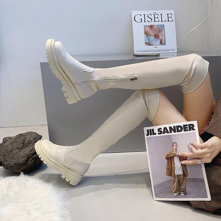 Женские сапоги выше колена Мотоциклетные ботинки Челси Зимняя обувь Модные сексуальные длинные сапоги из искусственной кожи на платформе и каблуке Женская обувь большого размера