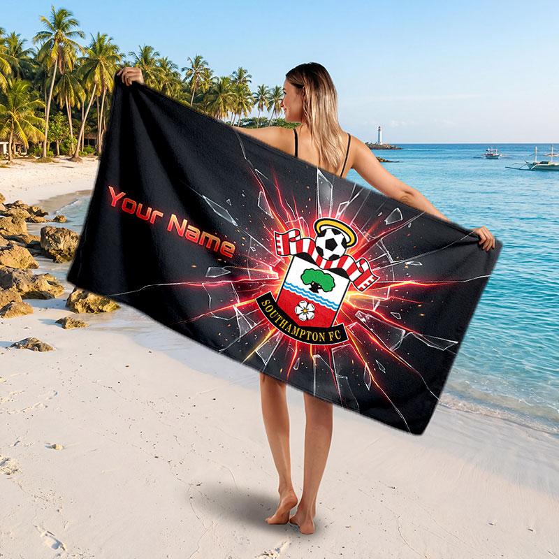 Southampton FC Custom Beach Towel, Personalized Name Text Print, Football Logo Soft Quick‑Dry Towel Holiday Gift