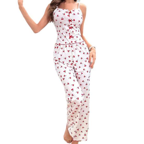 2 шт./комплект женский жилет брюки костюм бант сердечко принт без рукавов сборка кант топ сетчатые лоскутные брюки домашняя одежда одежда для сна наряд летняя одежда для отдыха