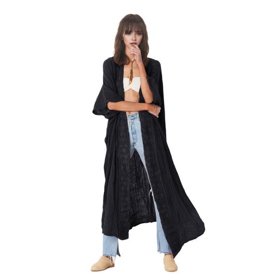 Lady Beach Cardigan Sunscreen Anti-UV Long Sleeves Lace Bohemian Style Bikini Cover-up Thin Calf Length Vacation Daily Leisure Style Coat