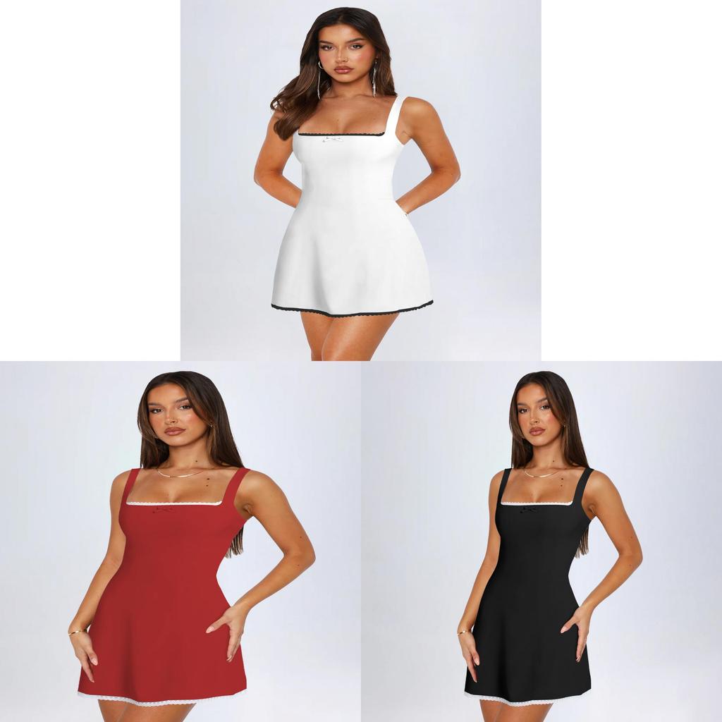 French Style Lace Trim Color Block Dress With Knit Fabric For Elegant Evening Wear