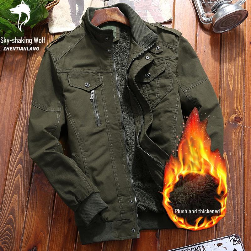 Men's Military-Style Washed Cotton Jacket with Velvet Lining