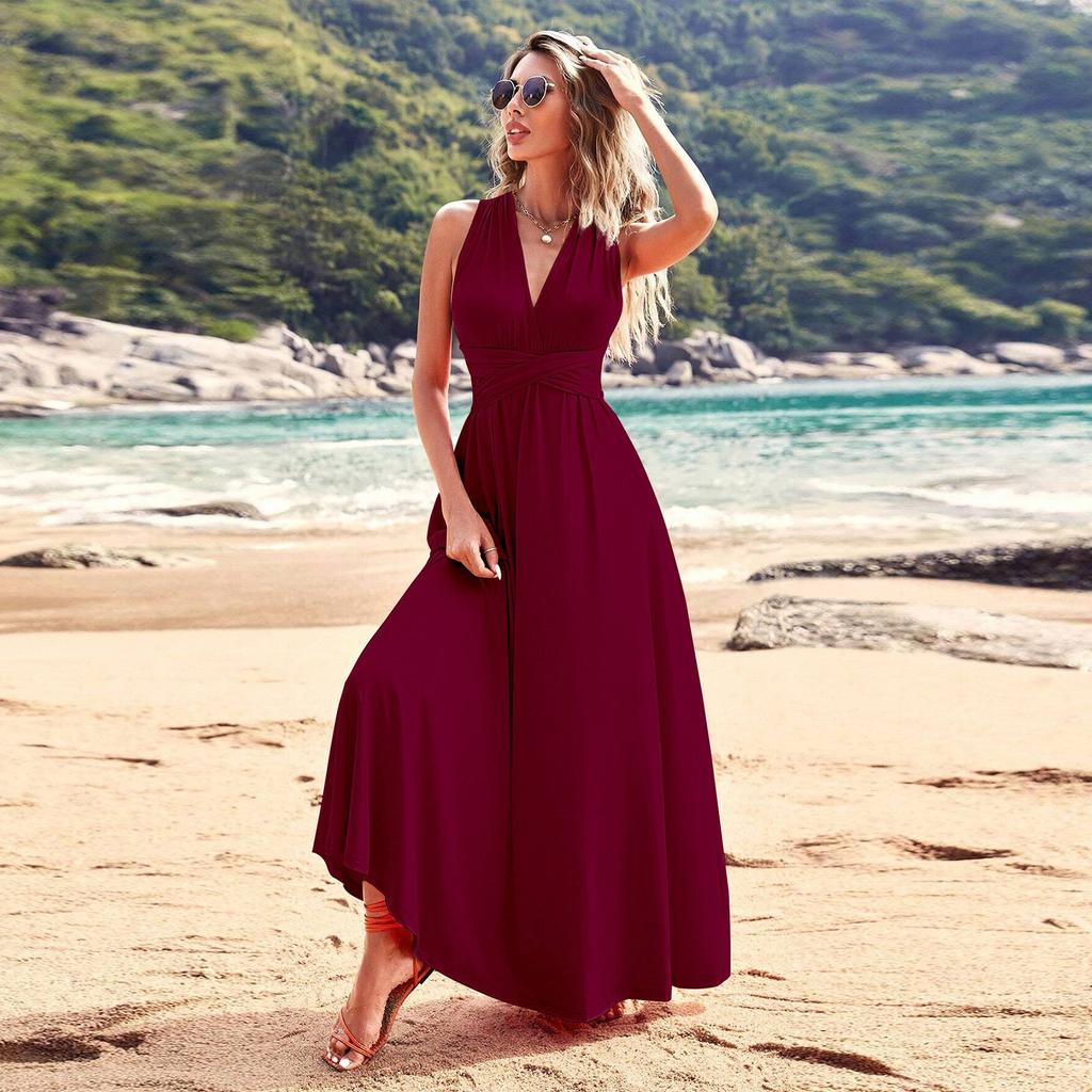 Женское модное летнее платье с открытой спиной и V-образным вырезом без рукавов на бретелях, однотонное платье