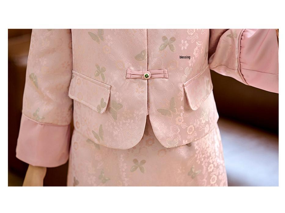 2025 Spring New Chinese Style Jacquard Frog Button Stand Collar Two-Piece Skirt Set