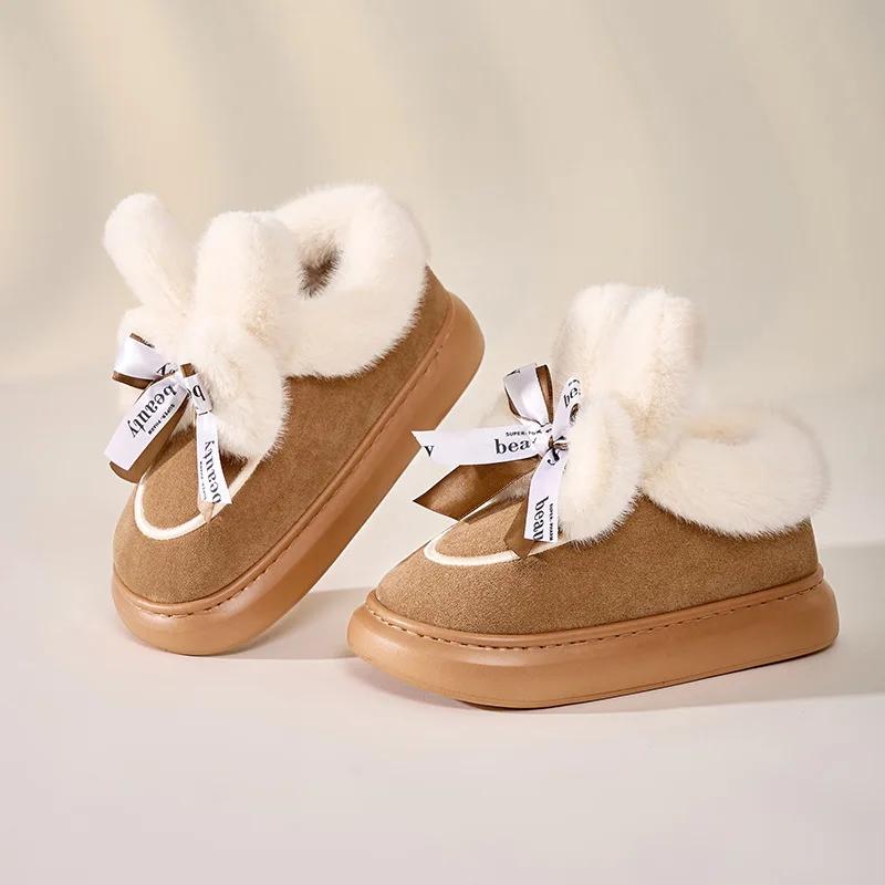 2025 зимние хлопковые туфли на каблуках для женщин, теплые плюшевые шлепанцы для улицы, модные мягкие уютные нескользящие пушистые домашние тапочки