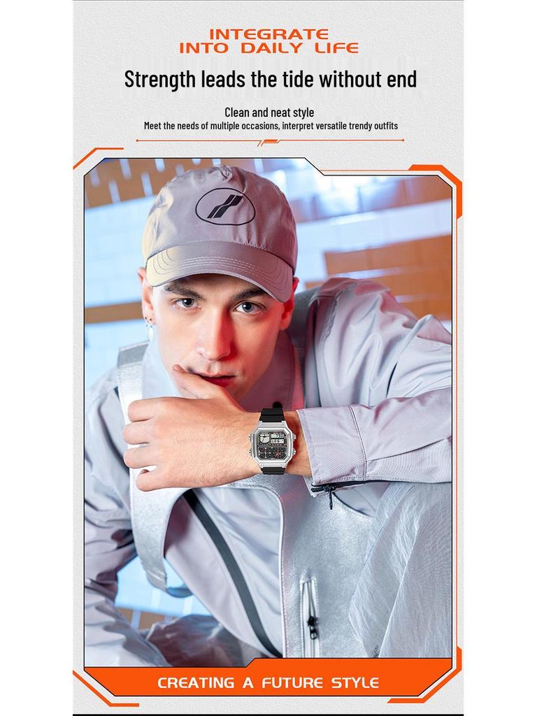 Sanda Temu Студенческие спортивные часы с измерением температуры, водонепроницаемые, двойной дисплей, многофункциональный квадратный дизайн