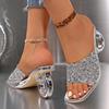 Мода 2025 Новые женские сандалии Сексуальные шлепанцы Вечерняя обувь Женский летний тренд Сандалии на высоком каблуке Роскошные хрустальные шлепанцы с квадратным носком Женские