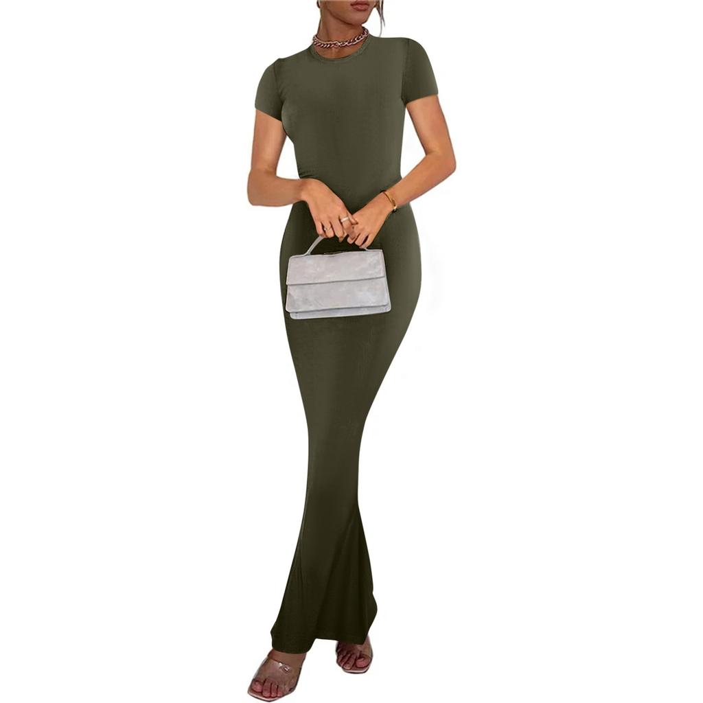 Женское модное и сексуальное однотонное длинное платье с круглым вырезом и короткими рукавами