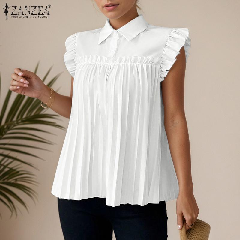 ZANZEA Women Casual Turn Down Collar Loose Summer Sleeveless Blouse