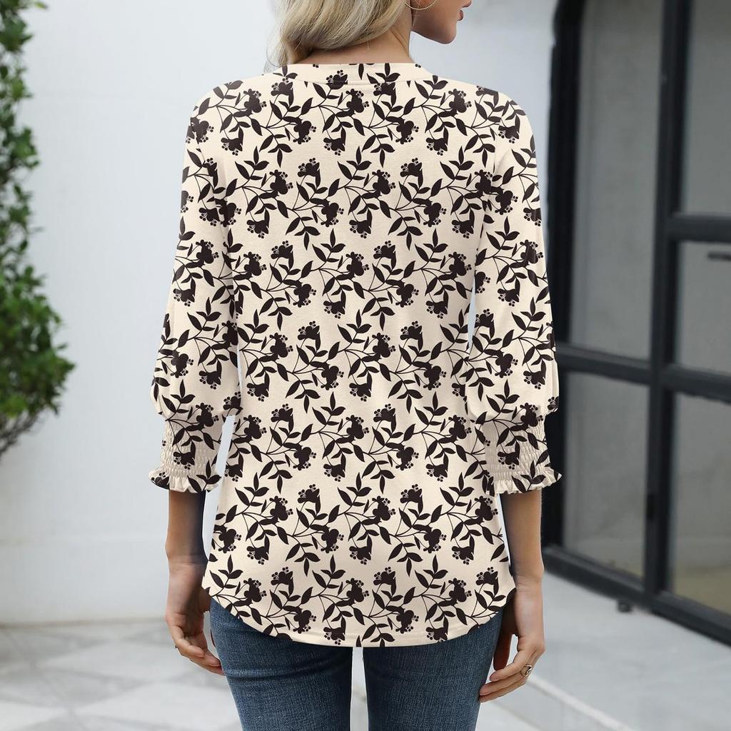 Blouses For Women Dressy Casual 3/4 Length Sleeve Womens Tops O Neck T Shirts With Smocked Cuffs