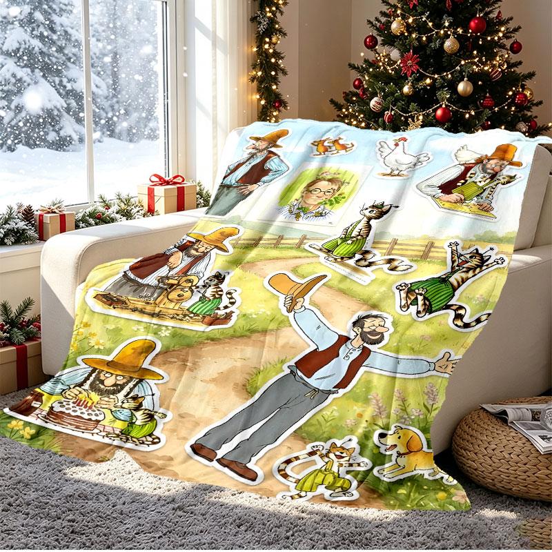 Pettersson und Findus Pattern Blanket for Home Decoration, Bed, Sofa, Car Travel, Camping, Suitable for All Seasons, Birthday Christmas Gift