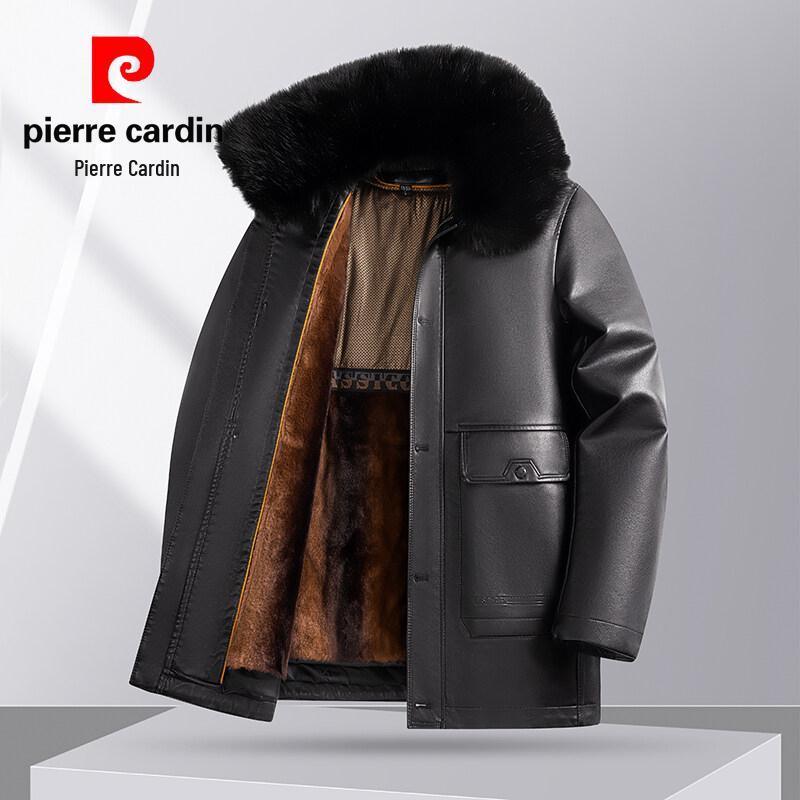 Мужская кожаная куртка Pierre Cardin 2025 с воротником-стойкой - Повседневная, Универсальная, Теплая, С подкладкой из бархата для мужчин среднего возраста