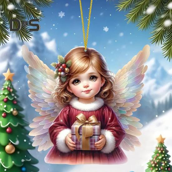 Christmas Tree Ornament with Lanyard Easy To Hang 2D Little Angel Girl Hanging Pendant Car Bag Keychain Decoration