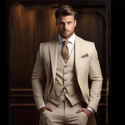 Мужские модные бежевые костюмы-тройки, формальные, для вечеринки, бизнеса, блейзер с шалевым лацканом, свадебный смокинг жениха, пиджак, жилет, брюки, Homme