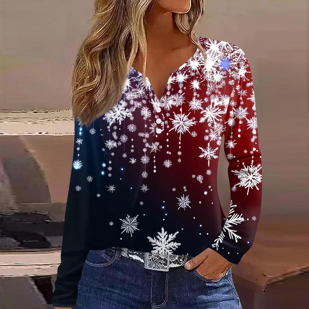 Женская футболка с рождественским принтом на пуговицах с длинным рукавом, повседневная, выходного дня, модная, базовая, с V-образным вырезом, обычная