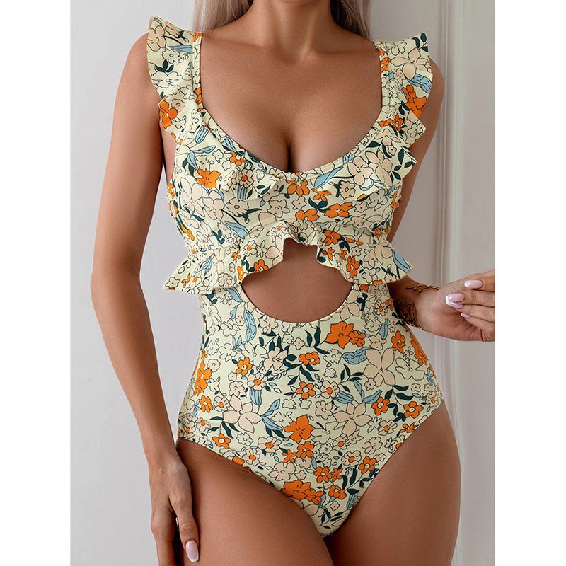 New Sexy Monokini One-piece Monokini Stylish Ruffle Edge Monokini Swimsuit for Women O- Neck Quick Dry Bikini Set