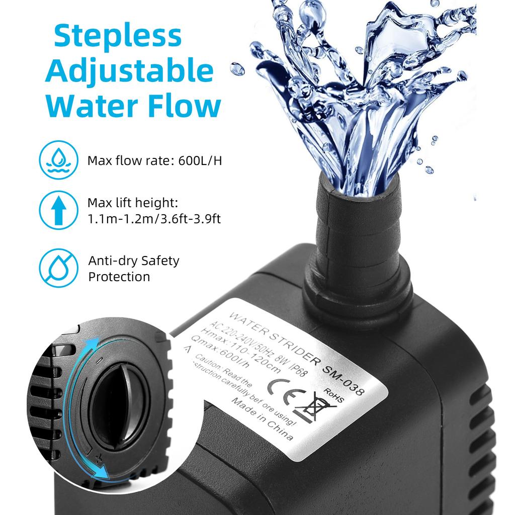 Submersible Water Pump 8W Adjustable Max 600L H Flow Small Fountain Pump with IP68 Waterproof 4 Suction Cup Base Max