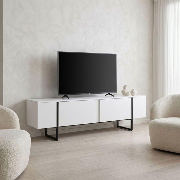 MENZZO Meuble TV moderne avec 2 portes Valmain L180cm Blanc et Métal Noir