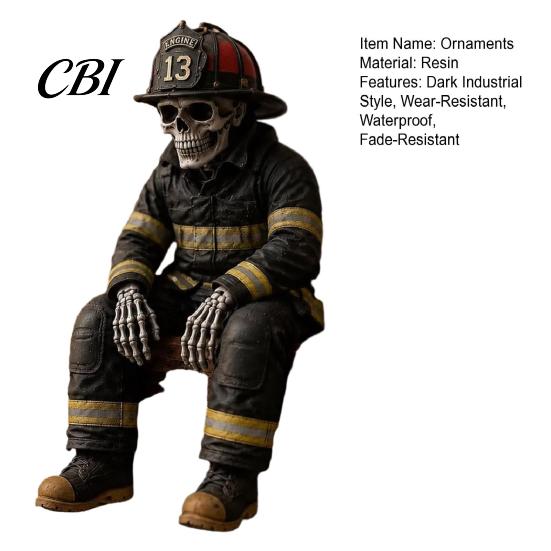 Vintage Resin Figurine Firefighter Skeleton Shelf Sitter Statue, with Realistic Gear & Distressed Wear-resistant Finish, Dark Industrial Desk