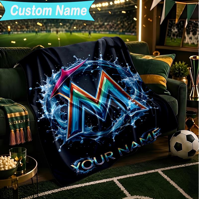 1PC Custom Name Blanket Marlins Baseball Team Flannel blankets Patterns Throw Blanket All-Season Soft Gift for Couch, Bed, Camping, Birthday gifts